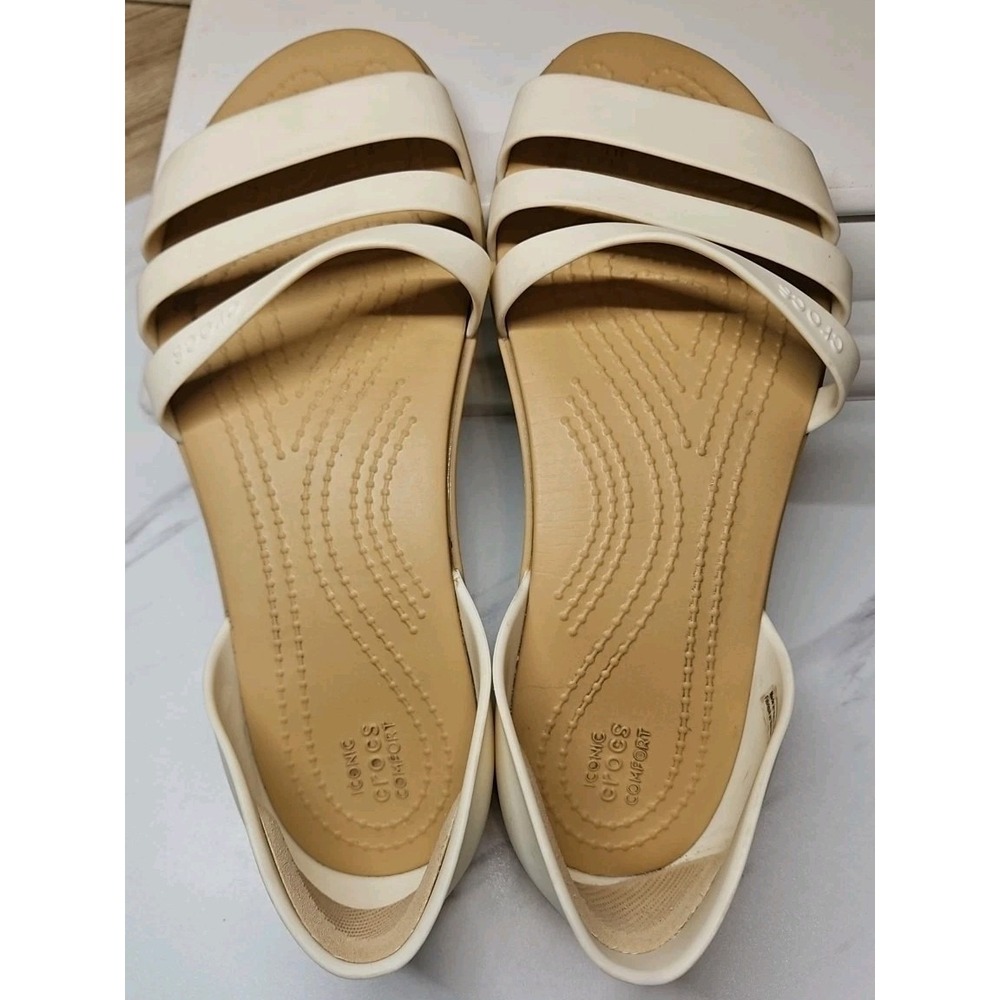 Crocs Tulum White Tan Sandals Womens Sz 7 Strappy Flats Comfort Summer #583
